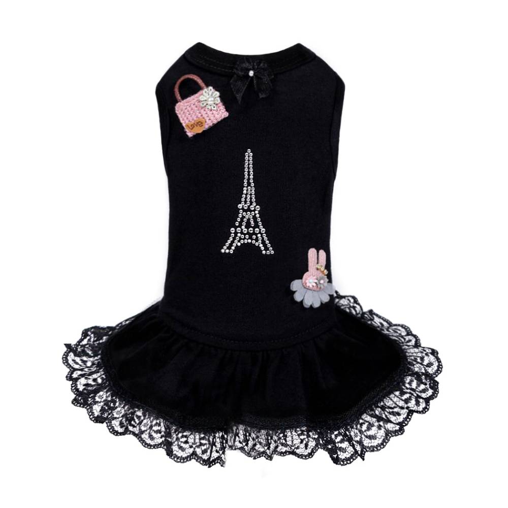The image shows a black Hello Doggie Paris Dog Dress with an Eiffel Tower design made of rhinestones, a small pink handbag, and a bunny applique on the front