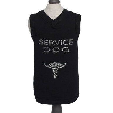 The image shows a black Hello Doggie Service Dog Tank with rhinestone detailing spelling SERVICE DOG and featuring a medical caduceus symbol below
