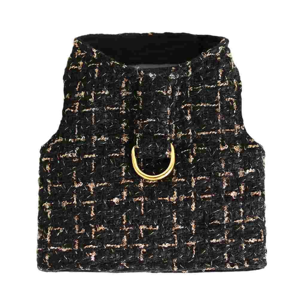 The image shows a black and gold textured Hello Doggie Chantel Tweed Dog Harness with a gold ring on the front