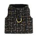 The image shows a black and gold textured Hello Doggie Chantel Tweed Dog Harness with a gold ring on the front