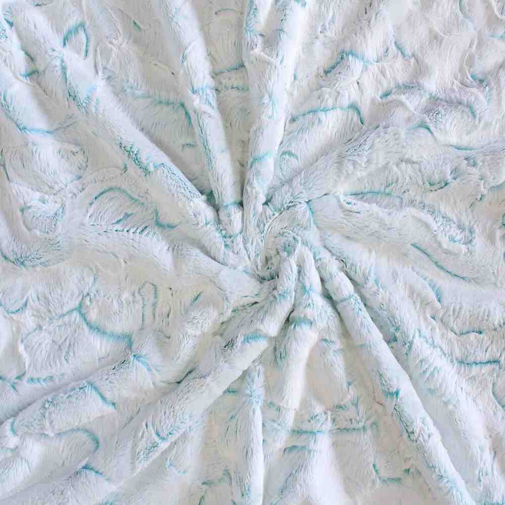 The image shows a close-up of the Hello Doggie Whisper Dog Blanket in aqua color, highlighting its soft texture and intricate pattern