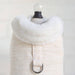 The image shows a close-up of the Hello Doggie Zha Zha Dog Coat in peach with a soft, fluffy collar and a D-ring for leash attachment