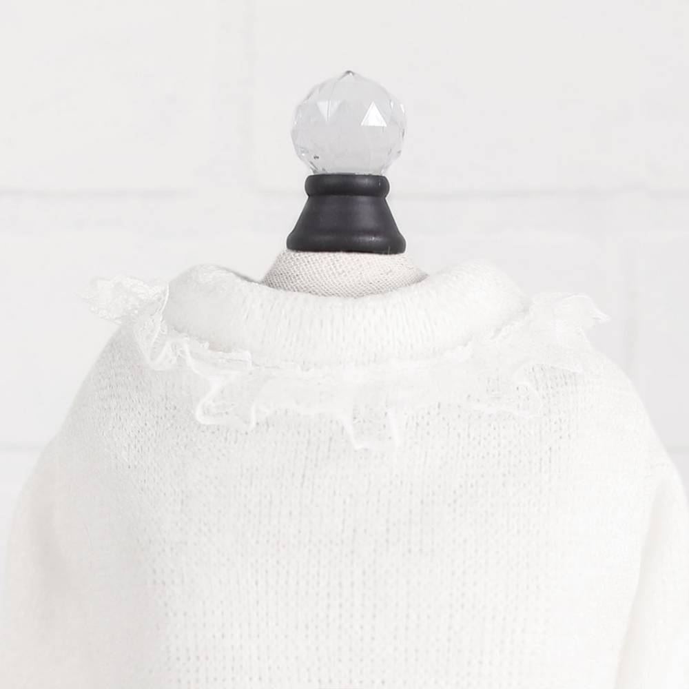 The image shows a close-up of the back of the Hello Doggie Angel Kiss Dog Sweater, highlighting its delicate lace detailing around the collar