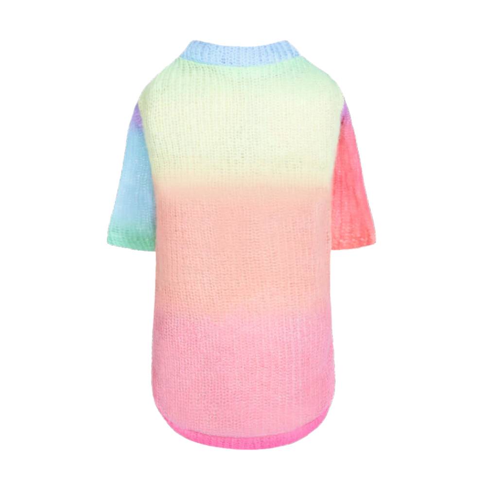 The image shows a colorful Hello Doggie Rainbow Dog Sweater with a gradient of pastel colors from top to bottom