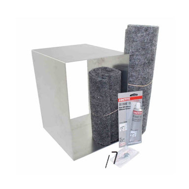 The image shows a complete kit for the Security Boss Trim-To-Fit Wall Tunnel Insert, including metal tunnel components, adhesive sealant, rolled insulation, and installation tools