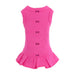 The image shows a fuchsia pink Hello Doggie Candy Dog Dress with small decorative bows down the back and a ruffled hem