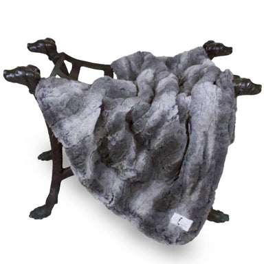 The image shows a luxurious granite gray Hello Doggie Deluxe Dog Blanket draped over a dog-shaped holder