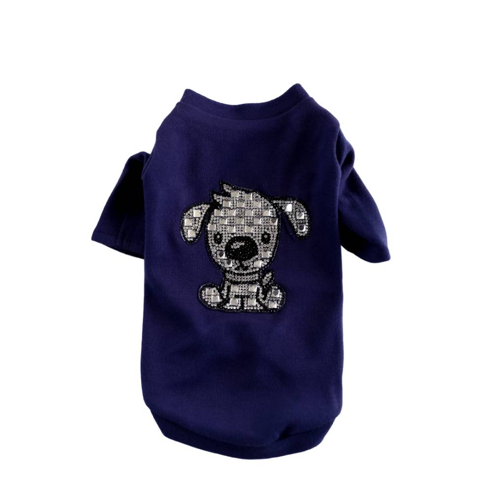 The image shows a navy-blue Hello Doggie Doggie Dog Tee featuring a sparkly dog graphic on the back