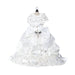 The image shows an elaborate Hello Doggie Dog Wedding Dress designed with intricate lace, pearls, and bows, giving a luxurious bridal appearance