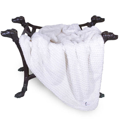 The image shows an elegant white blanket draped over a dog-themed stand, featuring the Hello Doggie Paris Dog Blanket in ivory