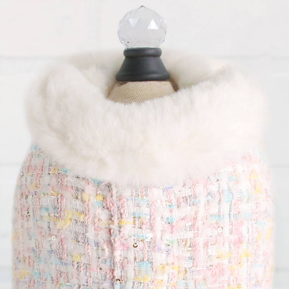 The image shows a pastel candy tweed dog coat with a white fur collar, identified as the Hello Doggie Chantel Tweed Dog Coat
