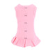 The image shows a pink Hello Doggie Candy Dog Dress with small decorative bows down the back and a ruffled hem
