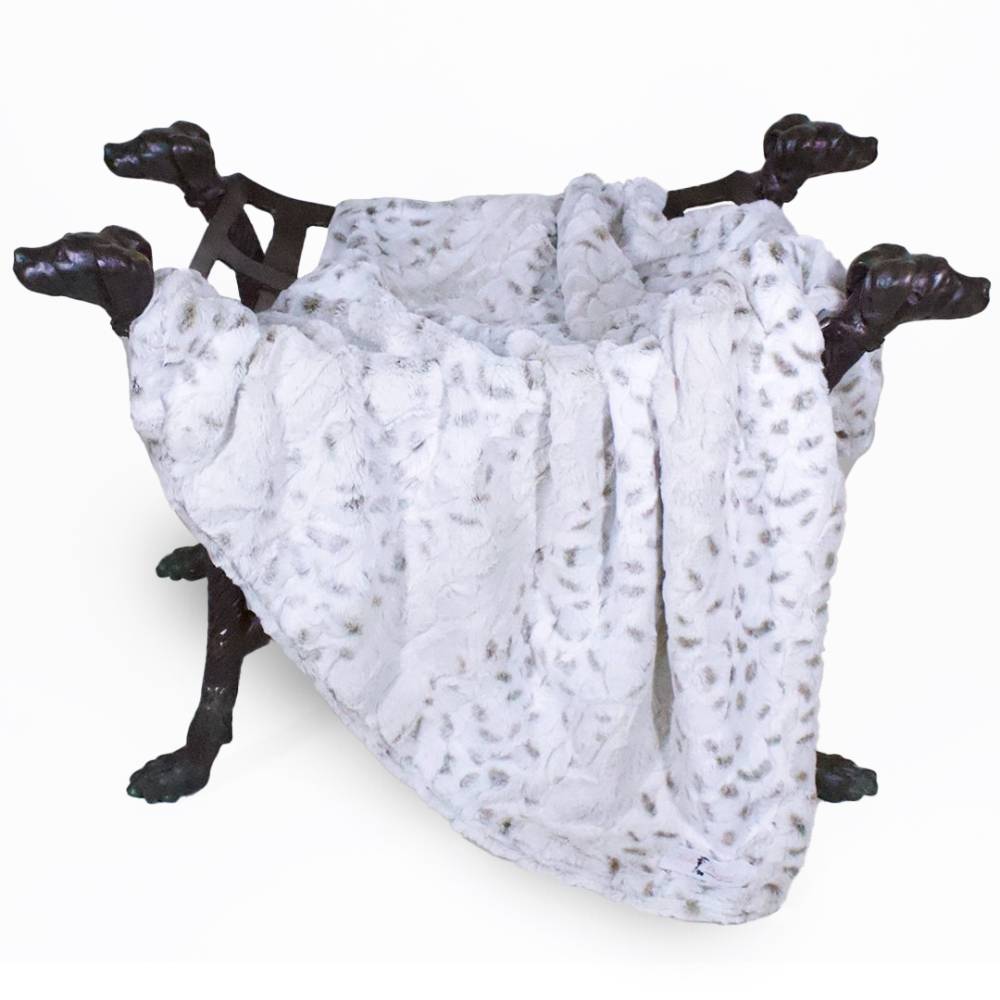 The image shows a plush pearl leopard white Hello Doggie Deluxe Dog Blanket with a leopard pattern draped over a dog-shaped holder