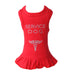 The image shows a red Hello Doggie Service Dog Dress with rhinestone embellishments spelling out Service Dog and a caduceus symbol