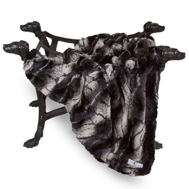 The image shows a rich chinchilla black Hello Doggie Deluxe Dog Blanket with a chinchilla pattern draped over a dog-shaped holder