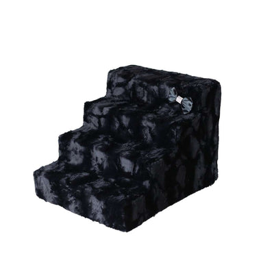 The image shows a set of black, six-step Hello Doggie Luxury Pet Stairs with a bow decoration on the side