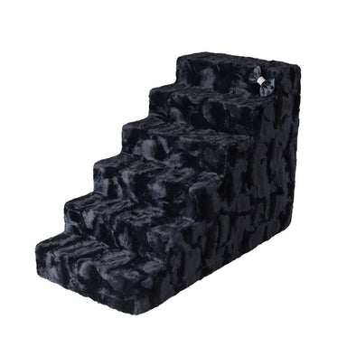 The image shows a set of gray, four-step Hello Doggie Luxury Pet Stairs with a bow decoration on the side