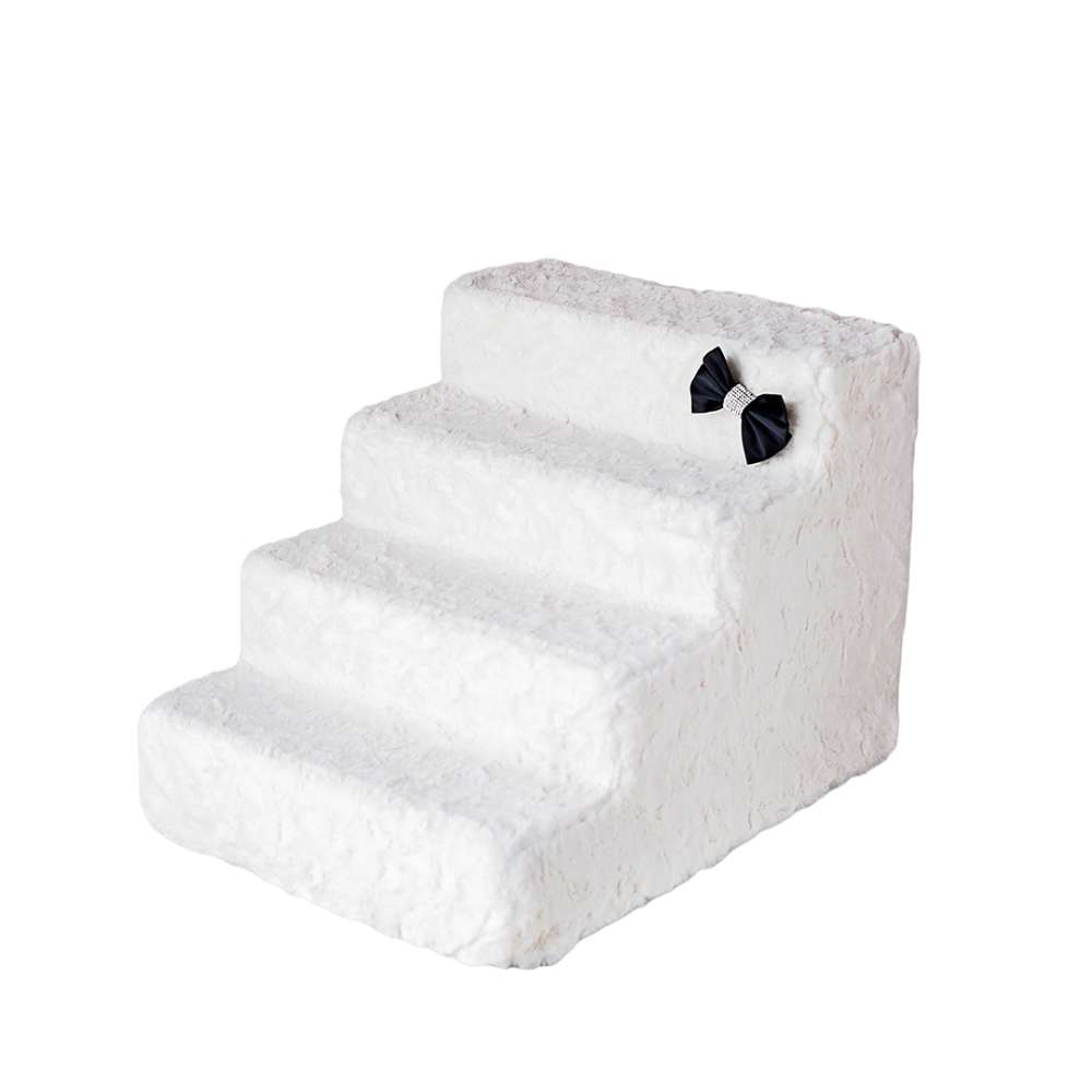 The image shows a set of ivory, six-step Hello Doggie Luxury Pet Stairs with a bow decoration on the side