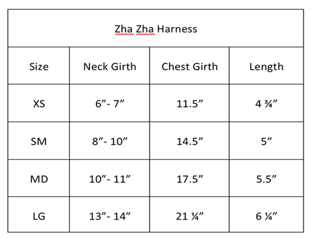 The image shows a size chart for the Hello Doggie Zha Zha Dog Harness, detailing the neck girth, chest girth, and length measurements for sizes XS, SM, MD, and LG.
