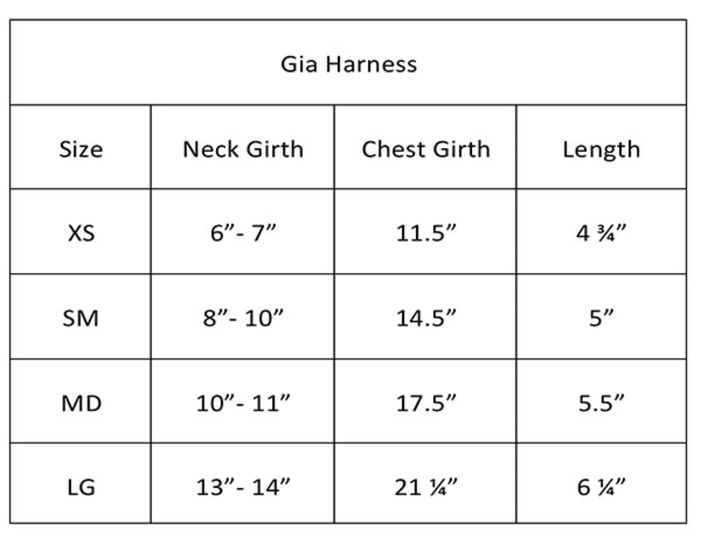 The image shows a sizing chart for the Hello Doggie Gia Dog Harness, listing sizes XS, SM, MD, and LG, with corresponding measurements for neck girth, chest girth, and length