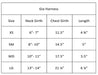 The image shows a sizing chart for the Hello Doggie Gia Dog Harness, listing sizes XS, SM, MD, and LG, with corresponding measurements for neck girth, chest girth, and length