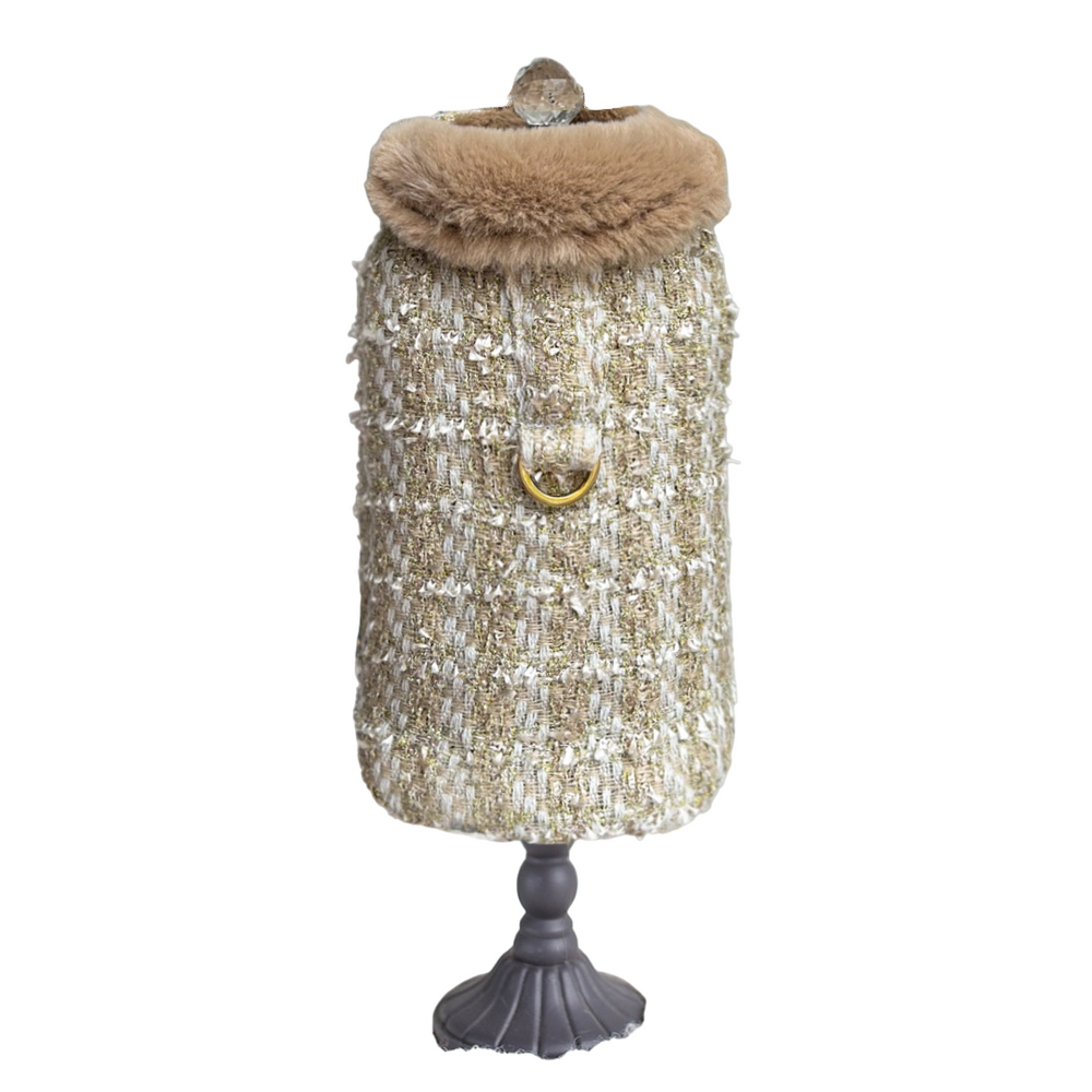 The image shows a sophisticated Hello Doggie Annabella Dog Coat in golde orde color with a golden fur collar