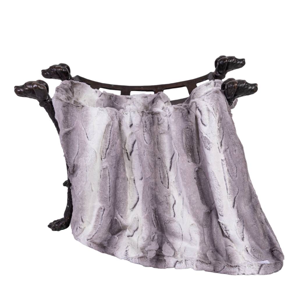 The image shows a stylish Hello Doggie Cashmere Dog Blanket in silver angora, elegantly hanging on a black dog-shaped holder