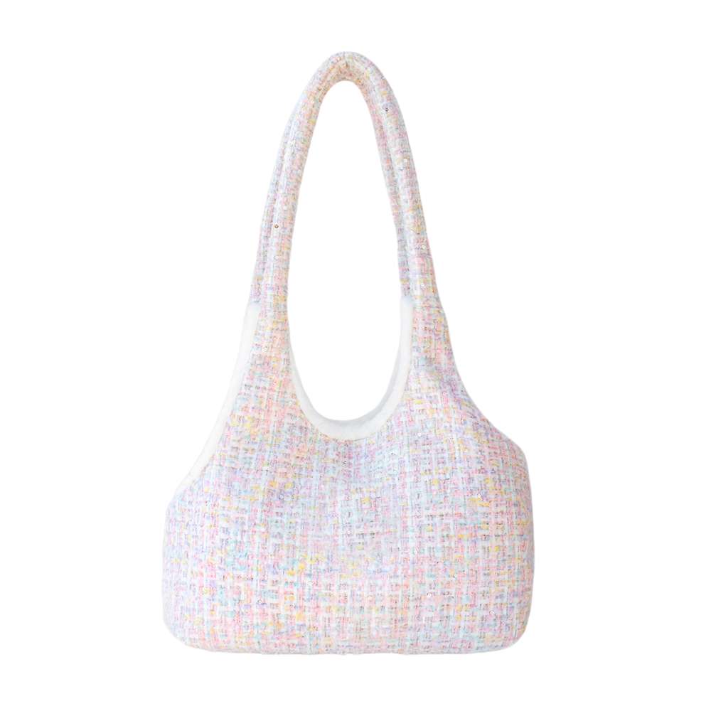 The image shows a stylish, pastel-colored Hello Doggie Chantel Tweed Dog Carrier with a sleek design and comfortable handles