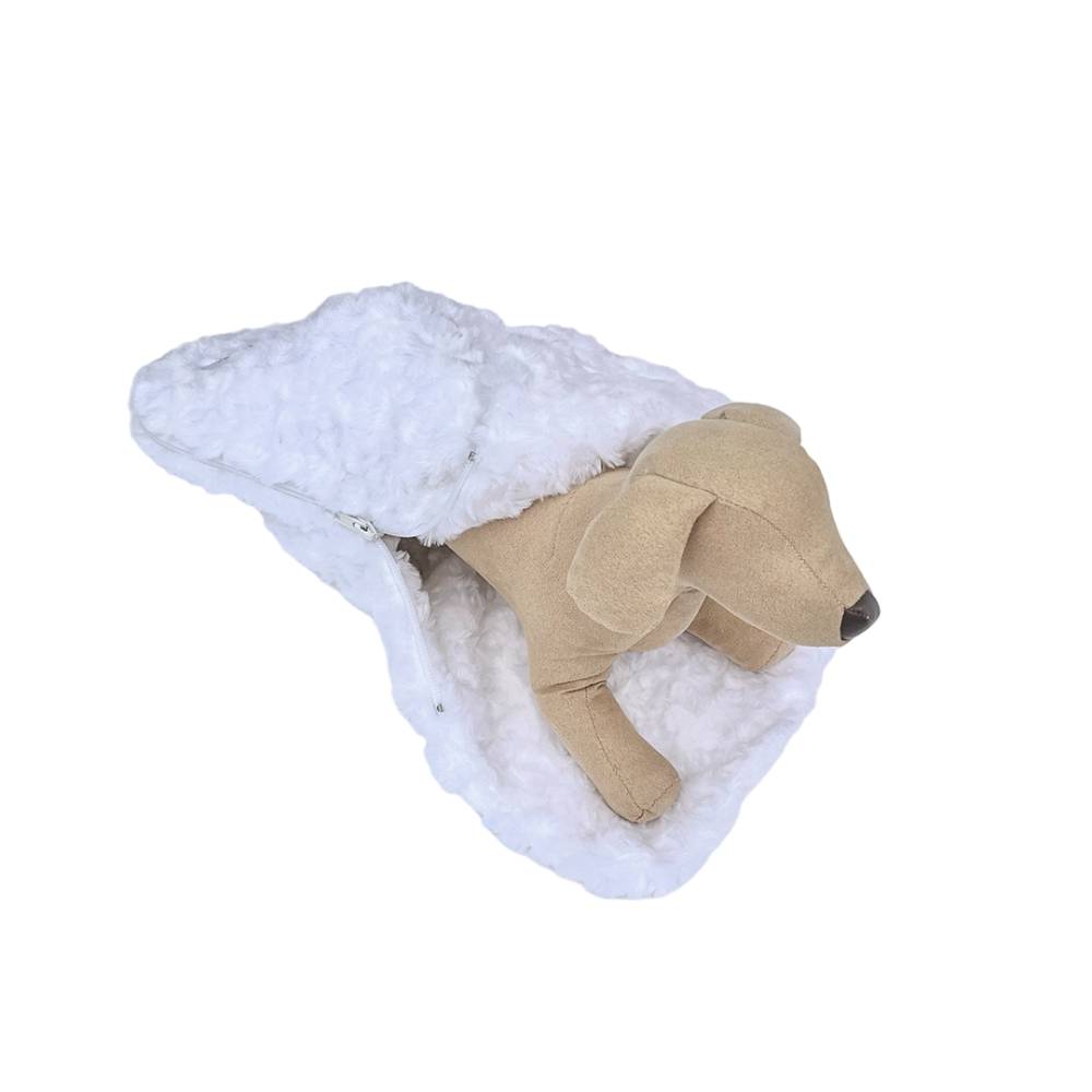 The image shows a white Hello Doggie Snuggle Pup Sleeping Bag with a stuffed dog toy inside