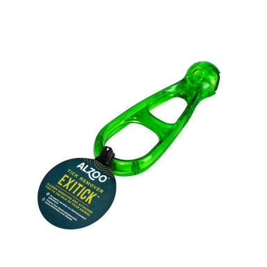 The image shows the Alzoo Exitick Tick Remover, a small green tool with a round head and two large openings for easy grip