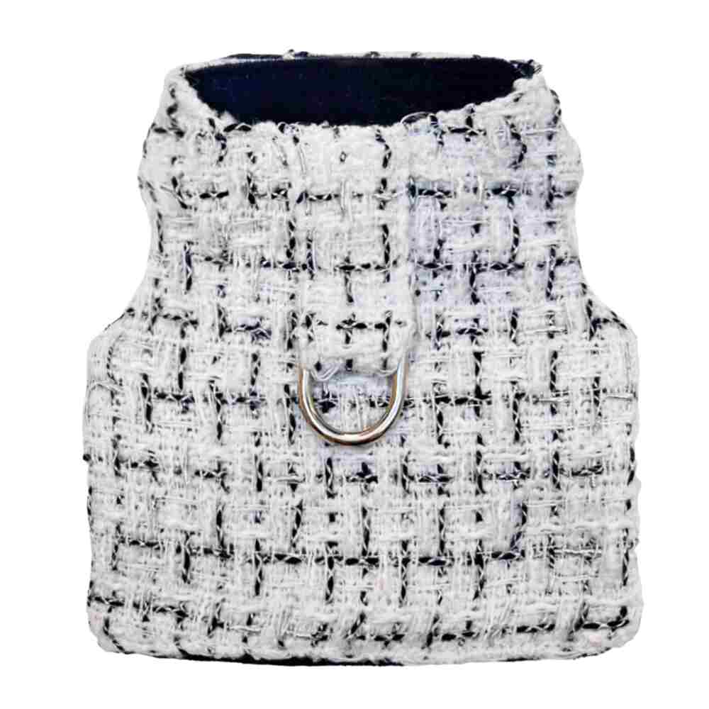 The image shows the Hello Doggie Annabella Dog Harness in a chic white and black tweed pattern