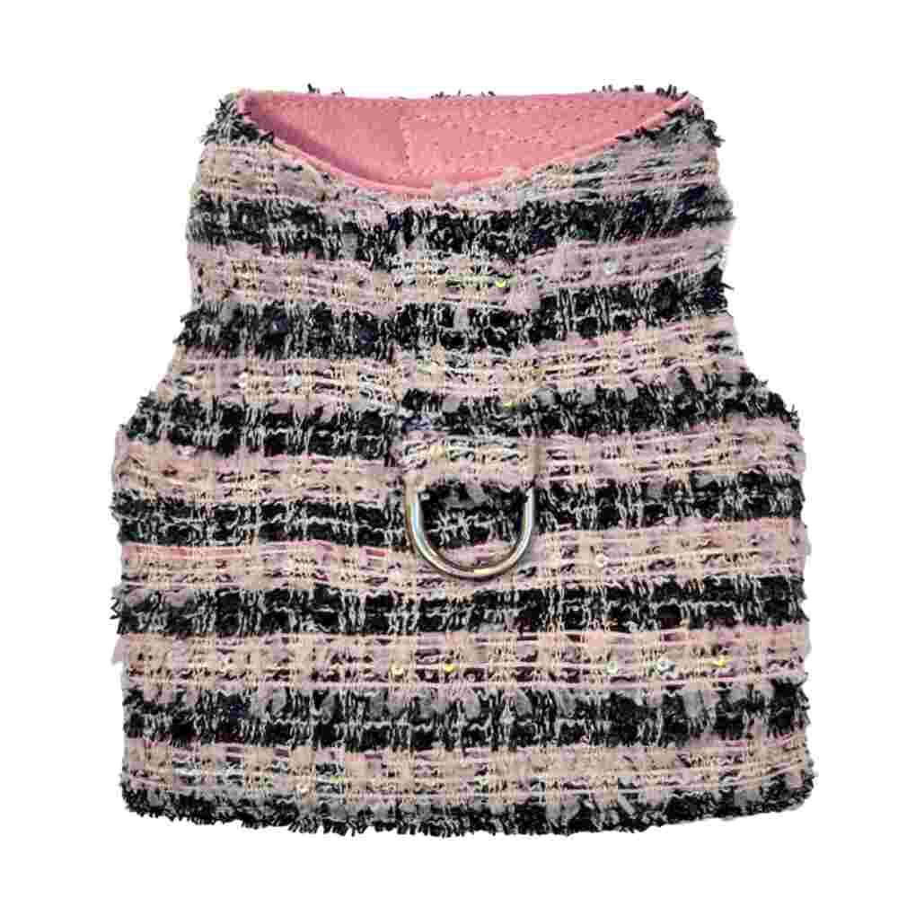 The image shows the Hello Doggie Annabella Dog Harness in a cupcake black and pink striped tweed pattern