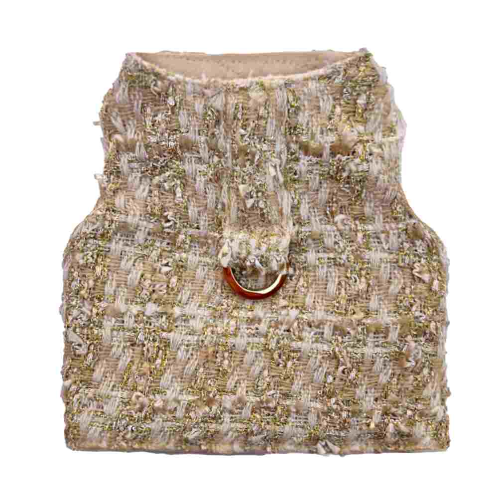 The image shows the Hello Doggie Annabella Dog Harness in a gold ore and cream tweed pattern