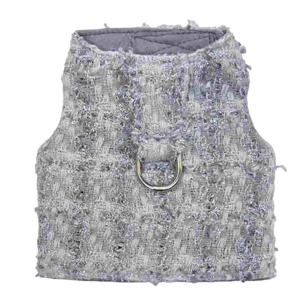 The image shows the Hello Doggie Annabella Dog Harness in a platinum silver and lavender tweed pattern