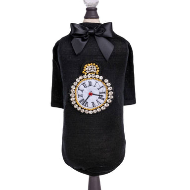 The image shows the Hello Doggie Timeless Dog Tee, a black dog shirt adorned with a jeweled pocket watch design and a black bow at the collar