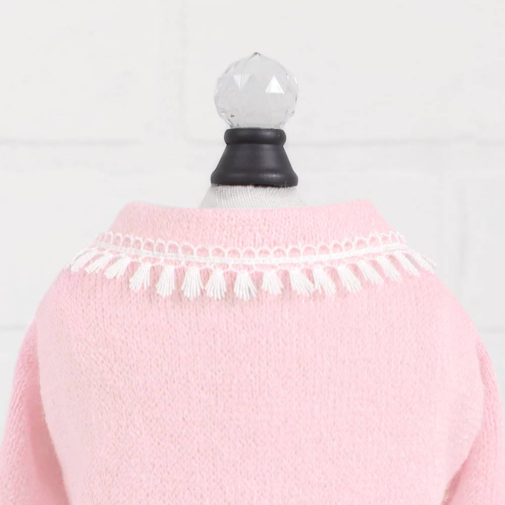 The image shows the back of a baby pink sweater with a delicate tassel fringe around the collar, known as Hello Doggie Heavenly Kiss Dog Sweater