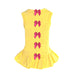 The image shows the back of a yellow dress adorned with pink bows and a ruffled bottom, identified as the Hello Doggie Summer Dreams Dog Dress