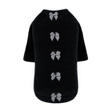 The image shows the back view of a black Hello Doggie Houndstooth Dog Sweater adorned with multiple houndstooth-patterned bows arranged vertically down the center