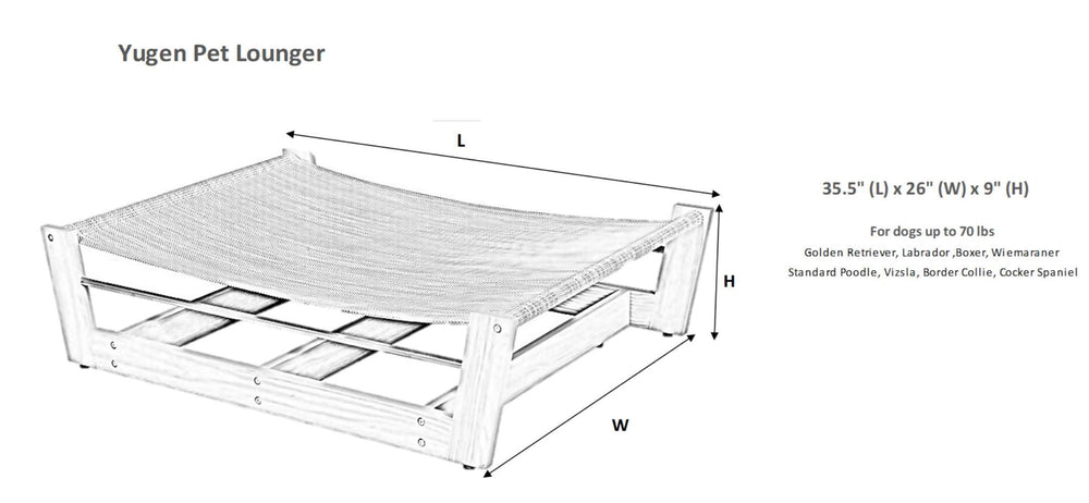 The image shows the dimensions of the Bowsers Yugen Pet Lounger, which measures 35.5 (L) x 26 (W) x 9 (H) and is suitable for dogs up to 70 lbs