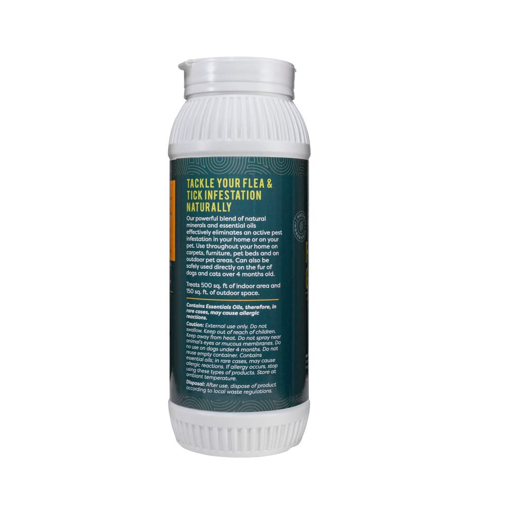 The side of the bottle with a description emphasizing the natural ingredients and the coverage area of ALZOO Plant-Based Flea & Tick G+ Powder for Environment