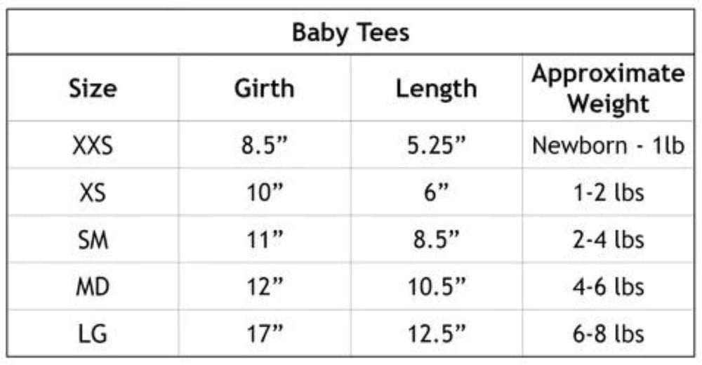 The size chart for the Hello Doggie Baby Dog Tee provides measurements for girth, length, and approximate weight ranging from XXS to LG sizes