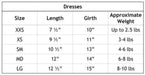 The size chart for the Hello Doggie Baby Safari Dog Dress provides measurements for sizes XXS to LG, including length, girth, and approximate weight ranges