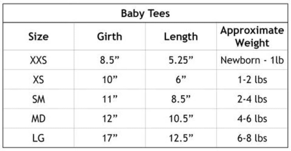 The size chart for the Hello Doggie Teddy Bow Tee provides measurements for girth, length, and approximate weight ranging from XXS to LG sizes