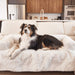 The tricolor dog is sitting upright on the Paw PupProtector™ Waterproof Couch Lounger - Polar White on a white couch