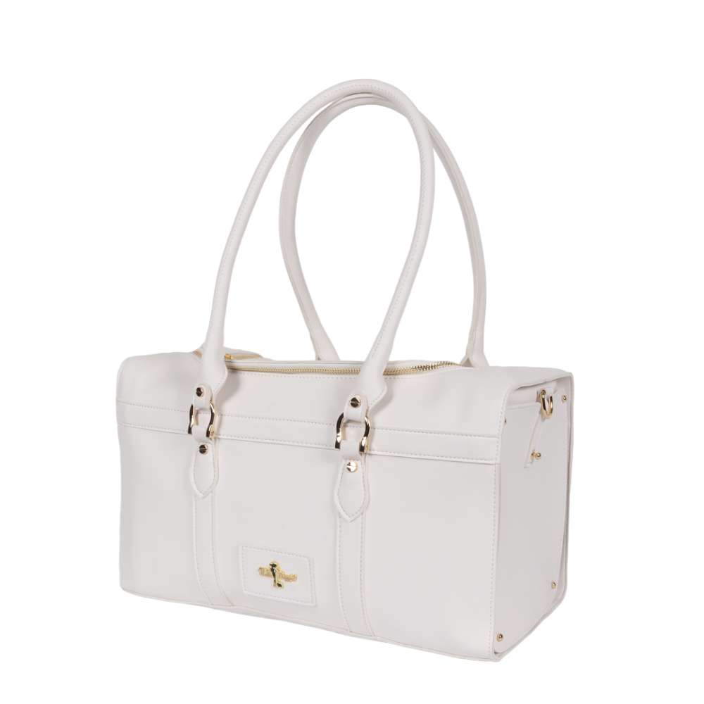 The white Hello Doggie Grand Voyager Dog Carrier features a sleek design with gold-tone accents and multiple carrying options
