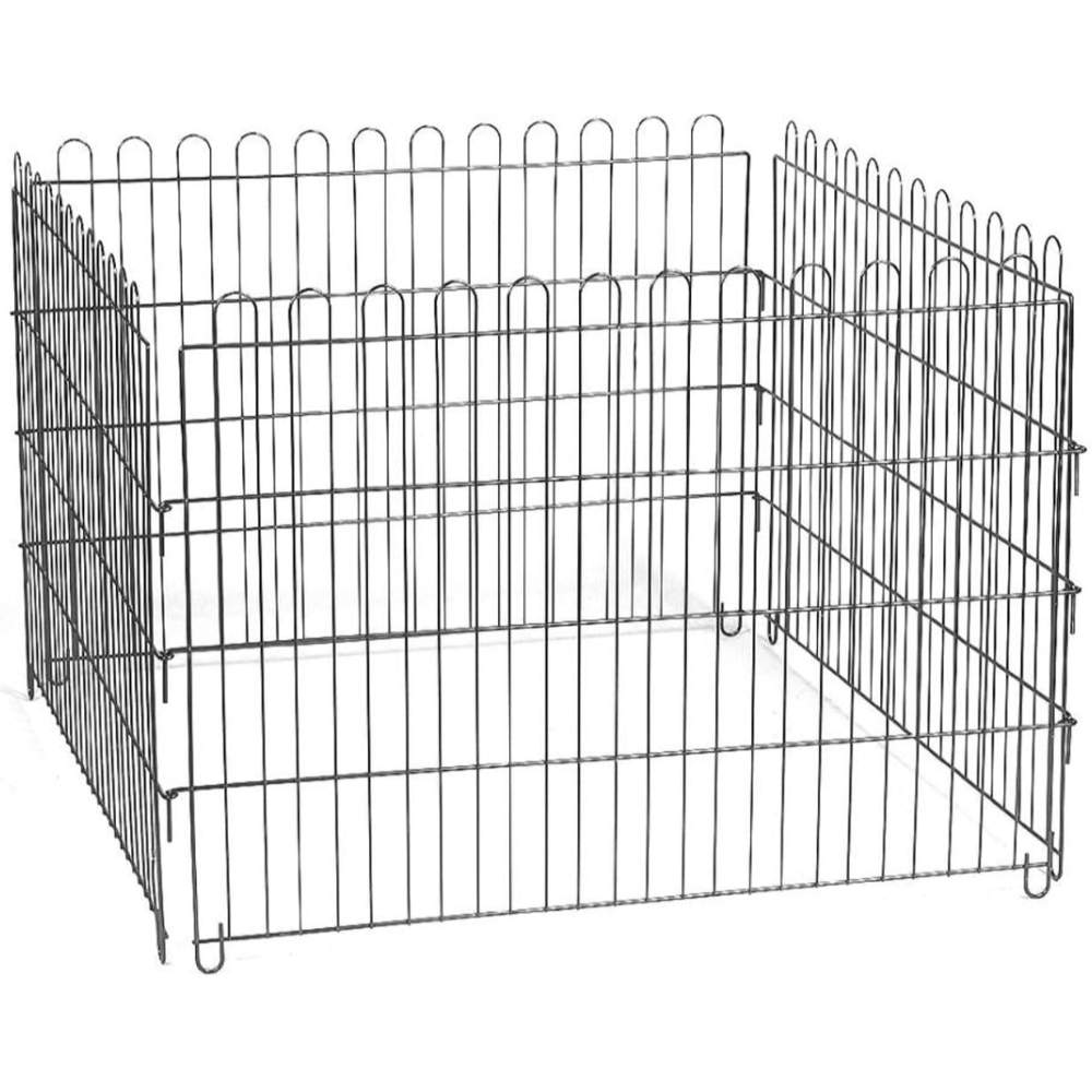 This image depicts a YML 4-Panel Play Pen, which is a metal enclosure with vertical bars and rounded tops, designed for containing small animals