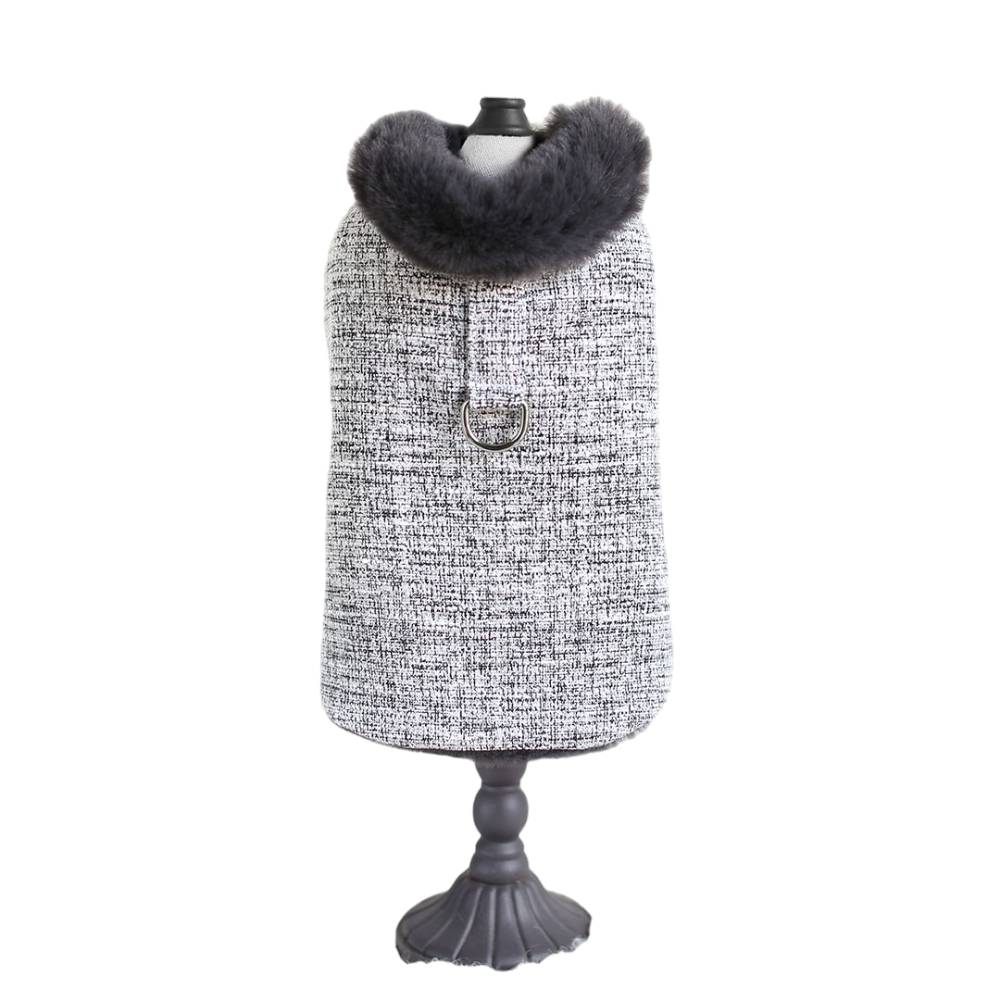 This image features the front view of the Hello Doggie Zha Zha Dog Coat in alloy gray, highlighting its elegant design and fur-trimmed collar