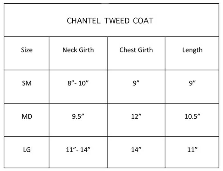 This image shows the size chart for the Hello Doggie Chantel Tweed Dog Coat, detailing the measurements for neck girth, chest girth, and length in sizes small, medium, and large
