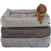 Three stacked versions of Bowsers Sterling Lounge Dog Bed are shown with a brown puppy resting on the top doggy bed