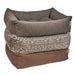 Three stacked versions of the Bowsers The Franklin Dog Bed are shown in gray, leopard print, and brown fabric
